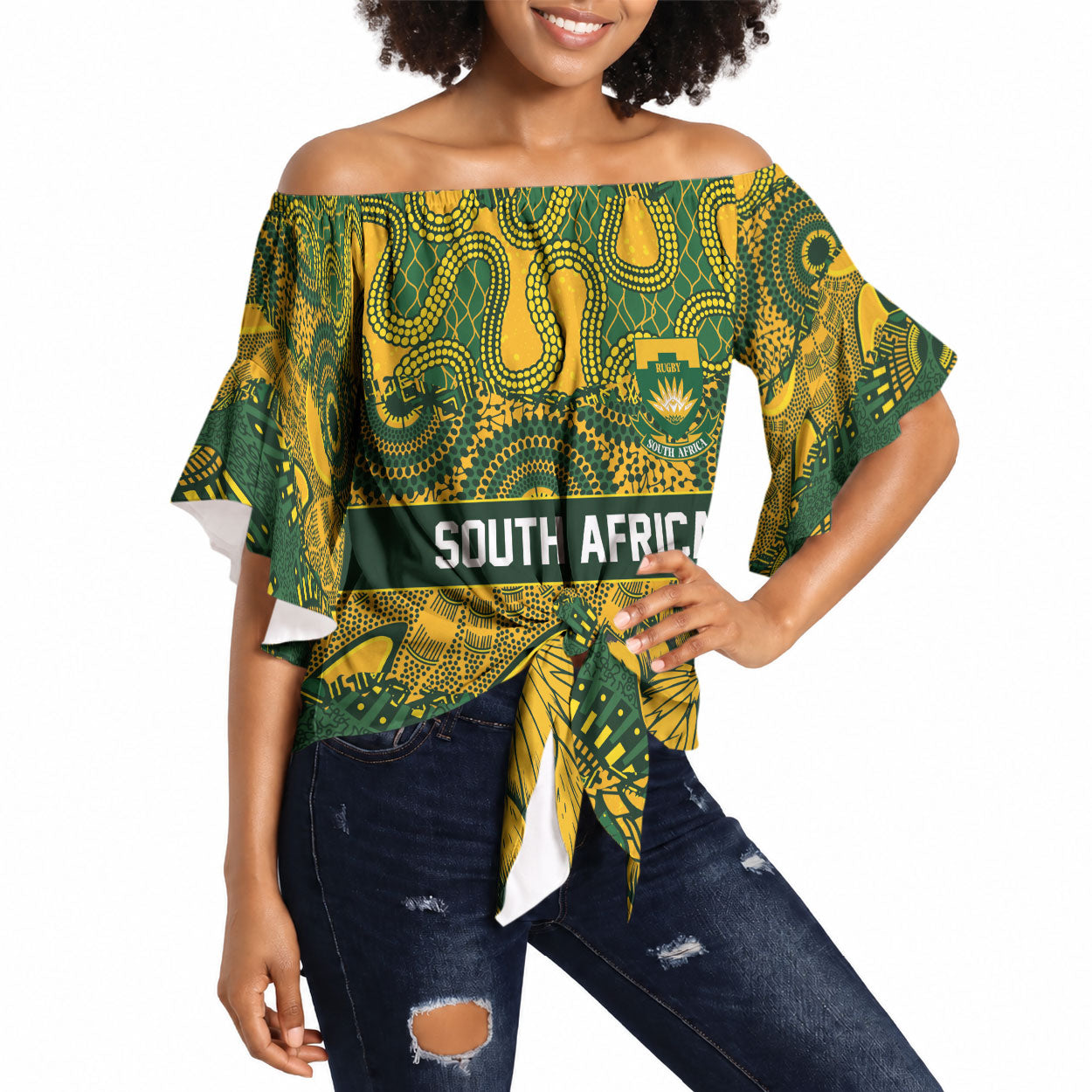2026 Autumn Rugby Nations South Africa Custom Off Shoulder Wrap Waist Top Indigenous Tribal Patchwork Motif