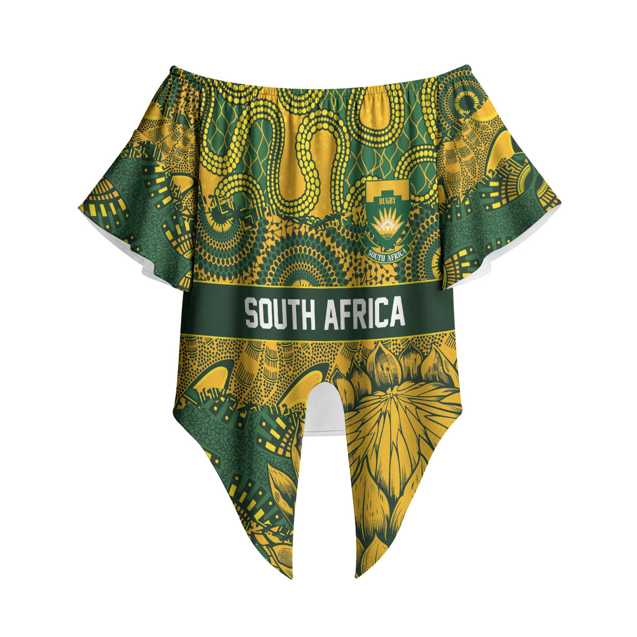 2026 Autumn Rugby Nations South Africa Custom Off Shoulder Wrap Waist Top Indigenous Tribal Patchwork Motif