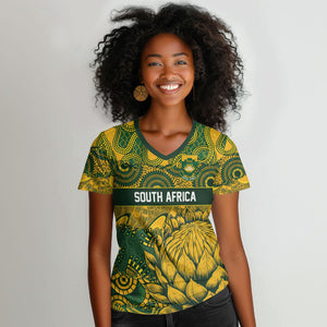 2026 Autumn Rugby Nations South Africa Custom Women V-Neck T-Shirt Indigenous Tribal Patchwork Motif