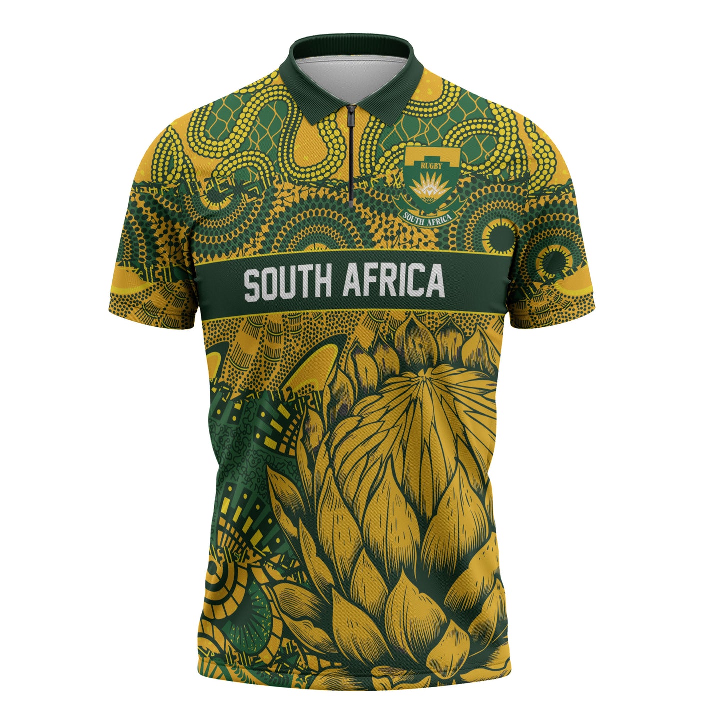 2026 Autumn Rugby Nations South Africa Custom Zipper Polo Shirt Indigenous Tribal Patchwork Motif