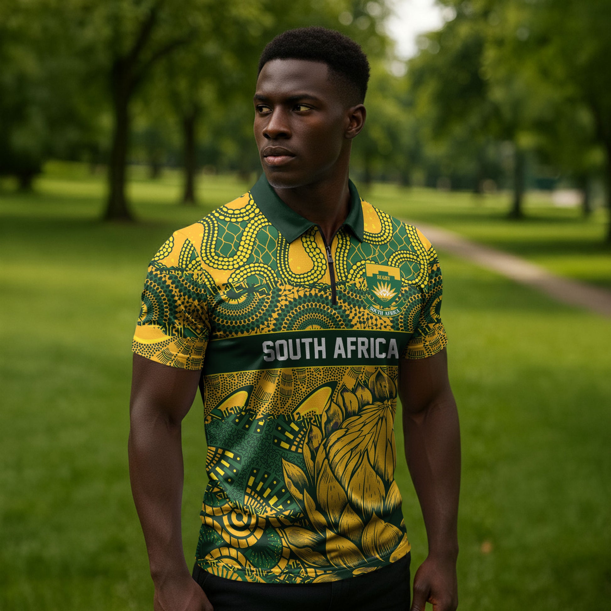 2026 Autumn Rugby Nations South Africa Custom Zipper Polo Shirt Indigenous Tribal Patchwork Motif
