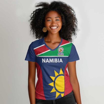 Custom Namibia Cricket Spirit 2026 Women V-Neck T-Shirt World T20 Edition - African Pride