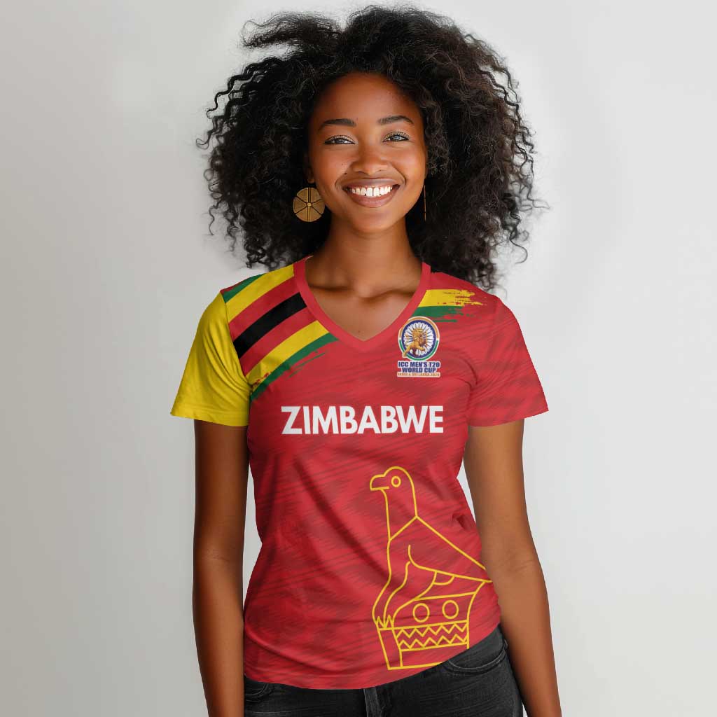 Custom Zimbabwe Cricket Spirit 2026 Women V-Neck T-Shirt World T20 Edition - African Pride