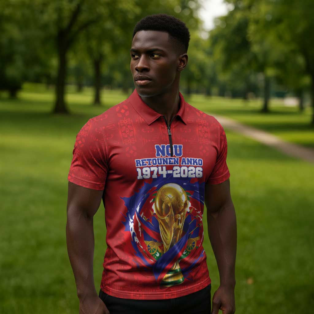 Custom Haiti Grenadye Alaso Zipper Polo Shirt Red Nou Retounen Anko 1974-2026 - African Pride