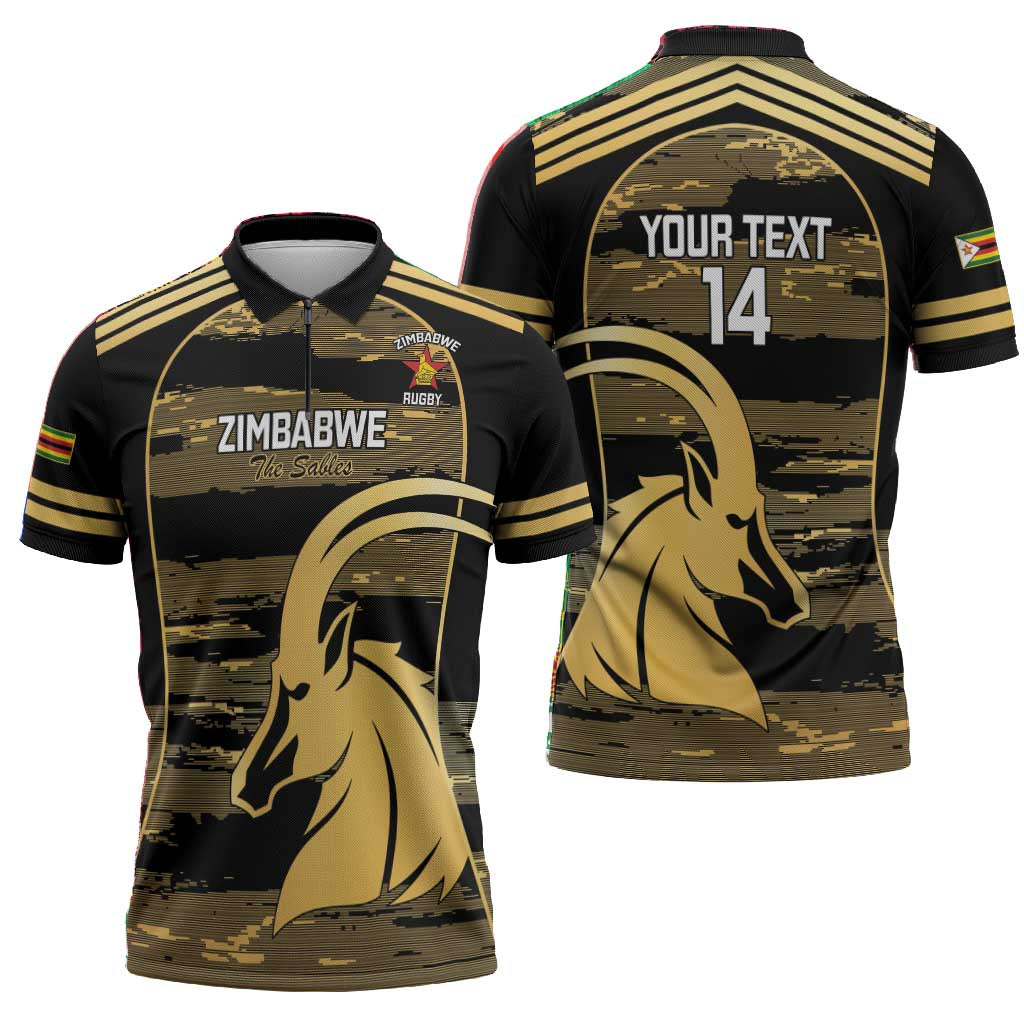 Zimbabwe Rugby Custom Zipper Polo Shirt Come On Sables Gold Black Version