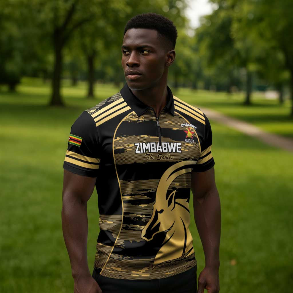 Zimbabwe Rugby Custom Zipper Polo Shirt Come On Sables Gold Black Version