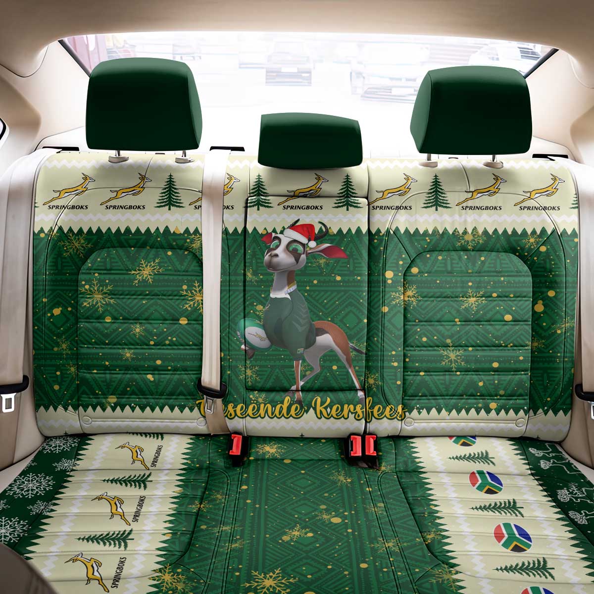 Custom South Africa Rugby Christmas Back Car Seat Cover Geseende Kersfees Springboks African Pattern
