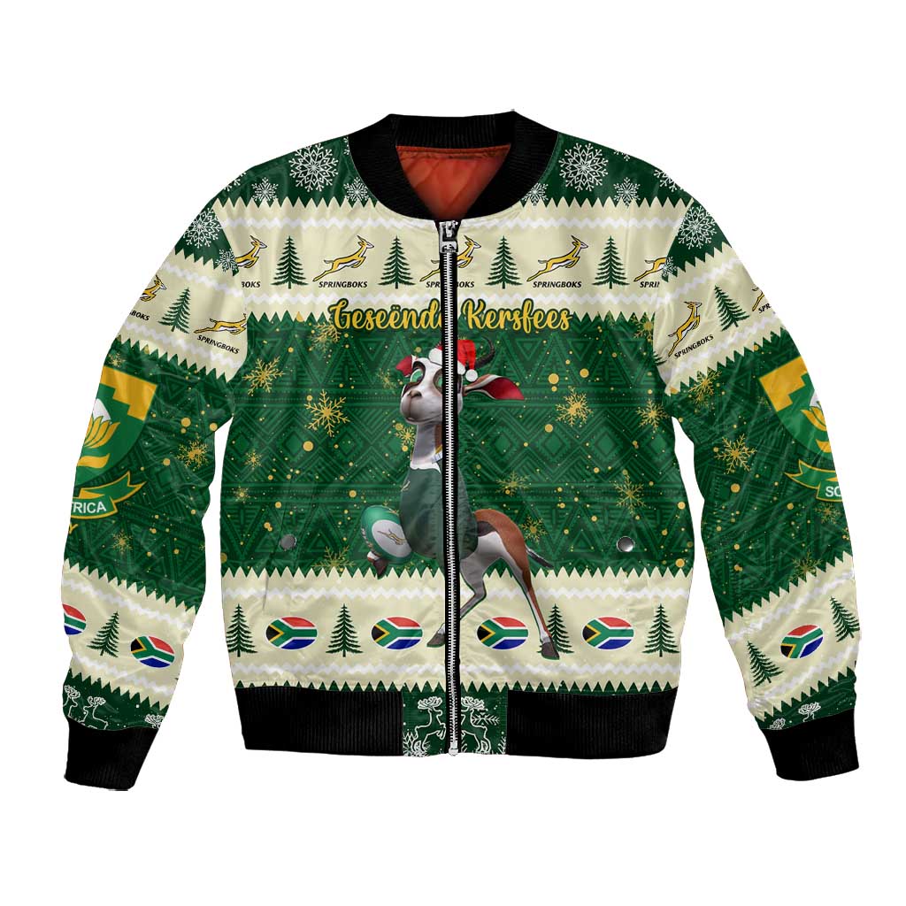 Custom South Africa Rugby Christmas Bomber Jacket Geseende Kersfees Springboks African Pattern