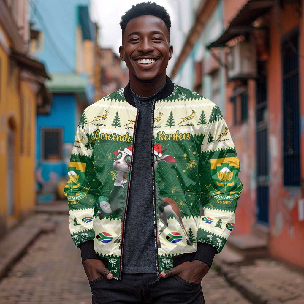 Custom South Africa Rugby Christmas Bomber Jacket Geseende Kersfees Springboks African Pattern