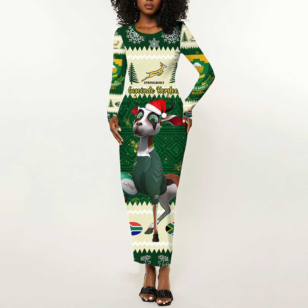 Custom South Africa Rugby Christmas Long Sleeve Bodycon Dress Geseende Kersfees Springboks African Pattern LT14