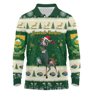 Custom South Africa Rugby Christmas Long Sleeve Polo Shirt Geseende Kersfees Springboks African Pattern