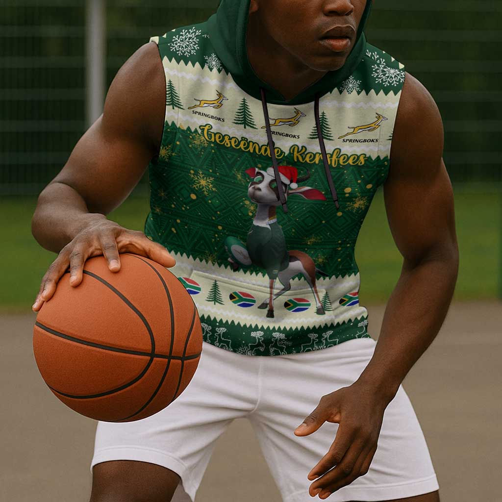 Custom South Africa Rugby Christmas Sleeveless Hoodie Geseende Kersfees Springboks African Pattern - African Pride