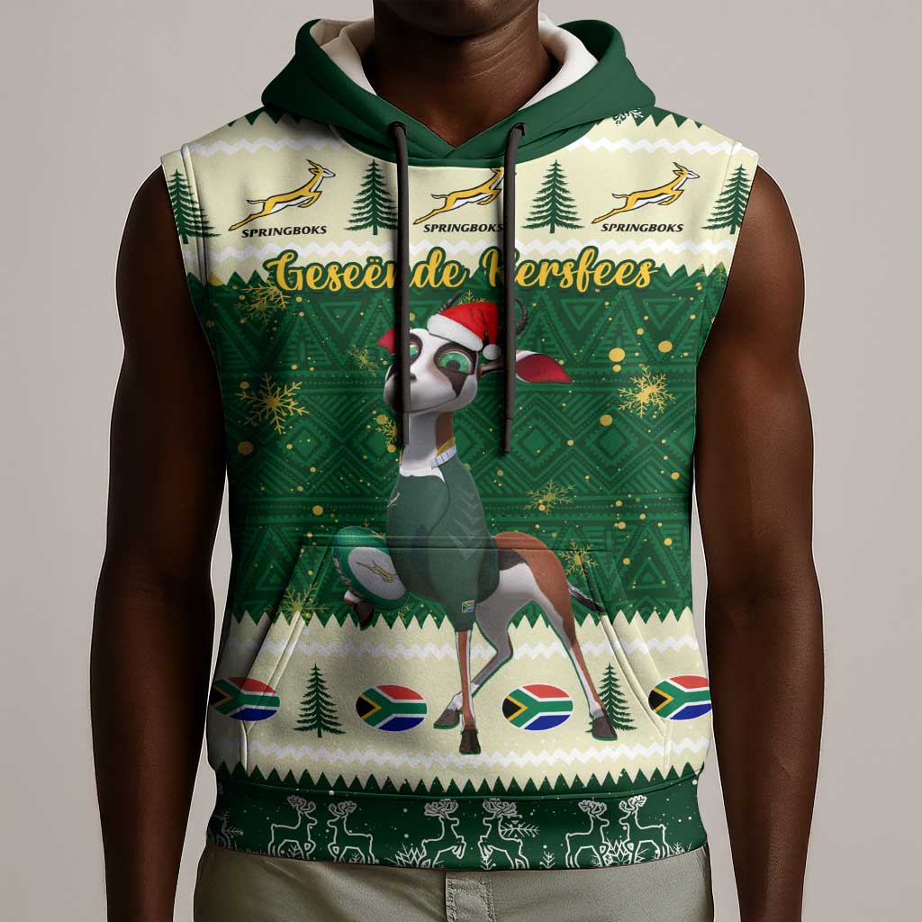 Custom South Africa Rugby Christmas Sleeveless Hoodie Geseende Kersfees Springboks African Pattern - African Pride