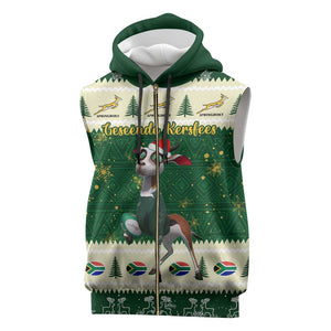 Custom South Africa Rugby Christmas Sleeveless Zip Hoodie Geseende Kersfees Springboks African Pattern - African Pride