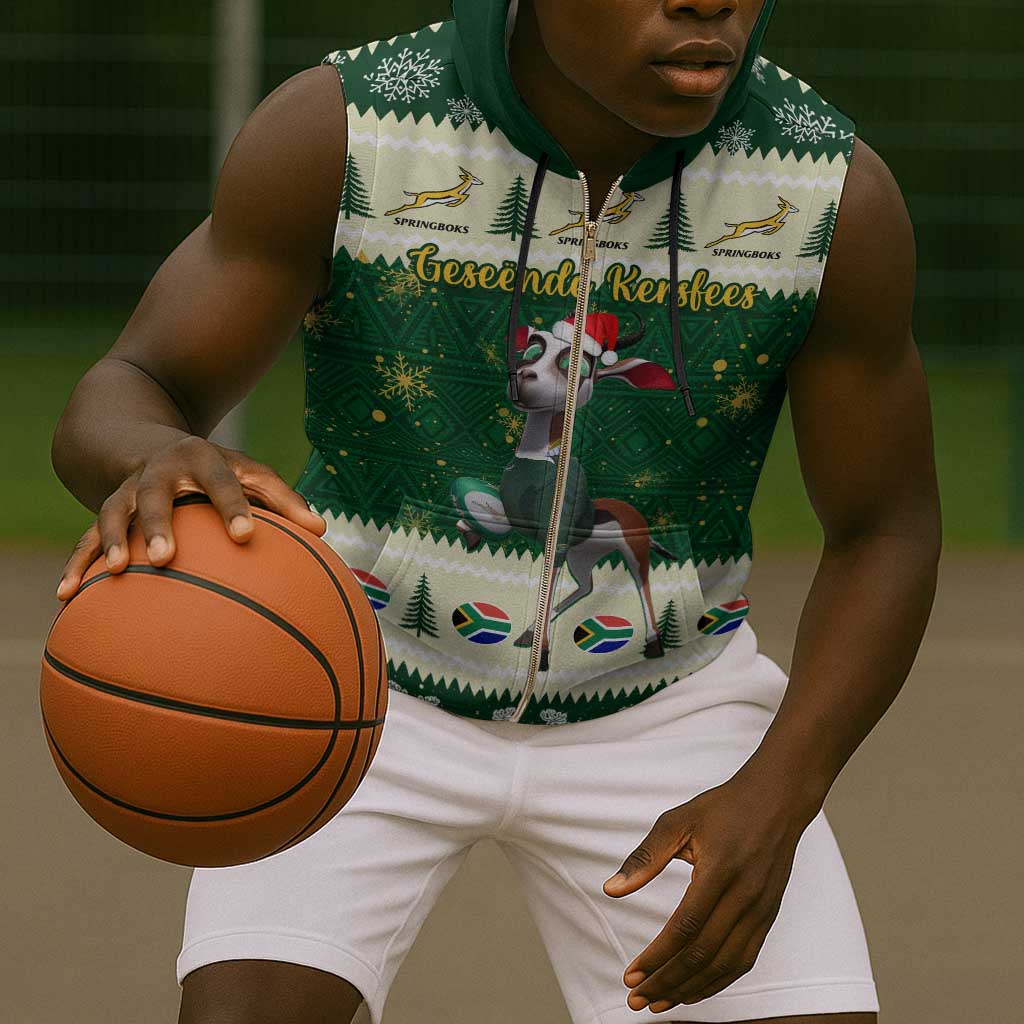 Custom South Africa Rugby Christmas Sleeveless Zip Hoodie Geseende Kersfees Springboks African Pattern - African Pride