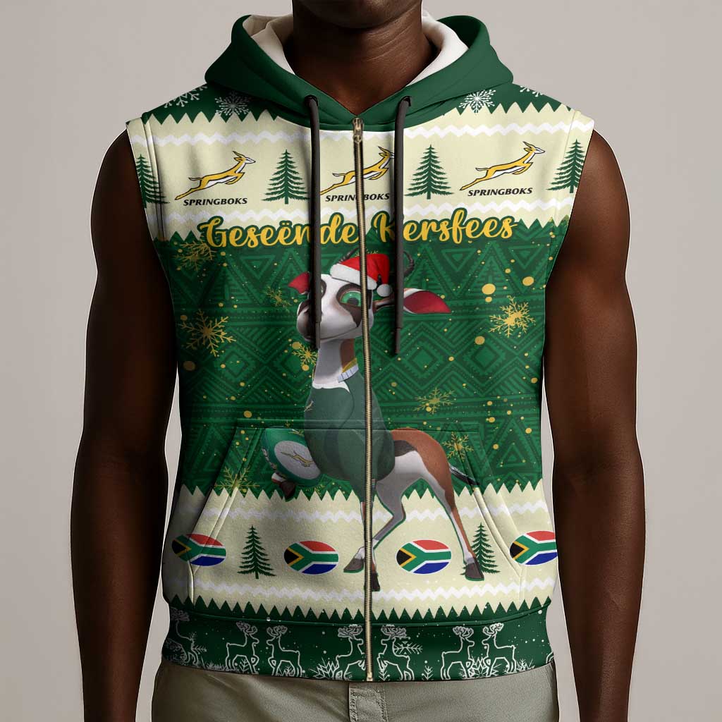 Custom South Africa Rugby Christmas Sleeveless Zip Hoodie Geseende Kersfees Springboks African Pattern - African Pride