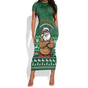 Personalised South Africa Christmas Short Sleeve Bodycon Dress Cool Santa Claus With South African Map LT14