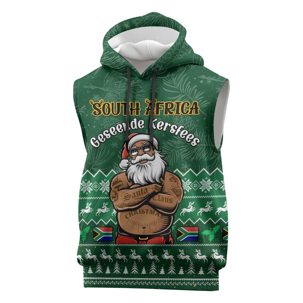 Personalised South Africa Christmas Sleeveless Hoodie Cool Santa Claus With South African Map - African Pride
