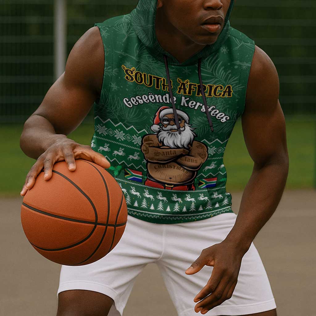 Personalised South Africa Christmas Sleeveless Hoodie Cool Santa Claus With South African Map - African Pride
