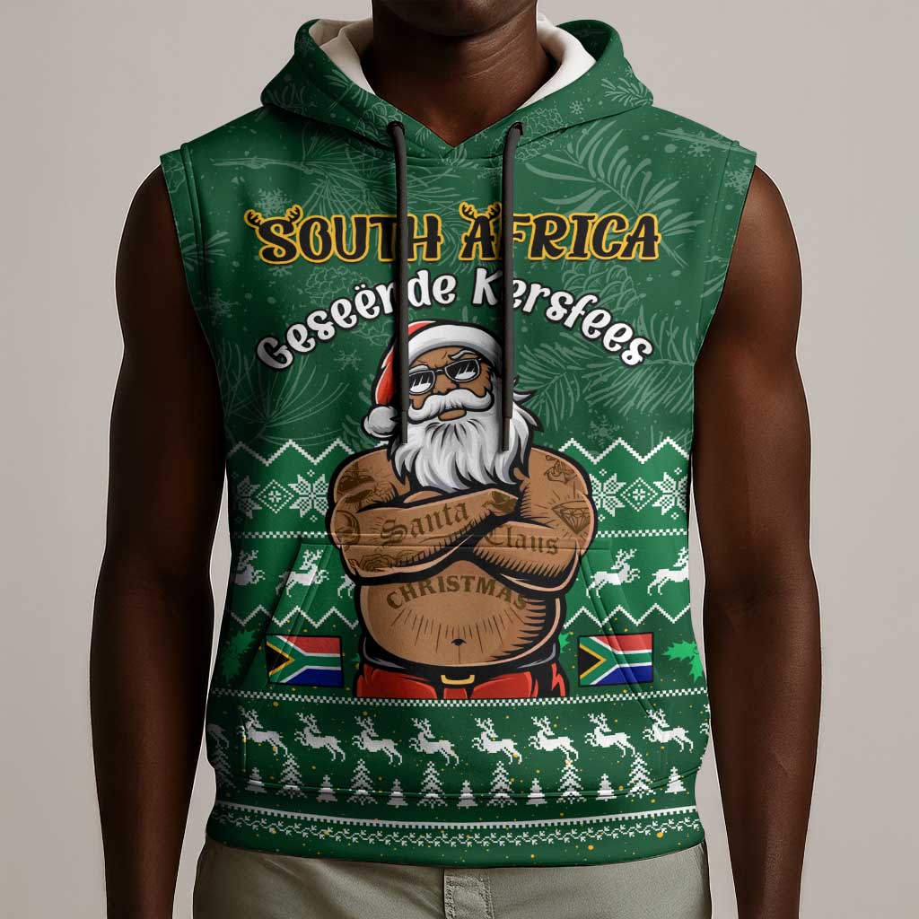 Personalised South Africa Christmas Sleeveless Hoodie Cool Santa Claus With South African Map - African Pride
