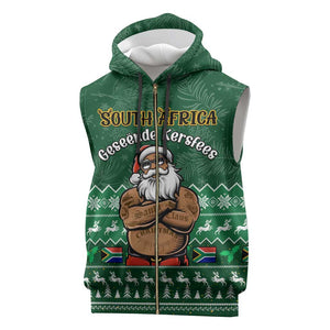 Personalised South Africa Christmas Sleeveless Zip Hoodie Cool Santa Claus With South African Map - African Pride