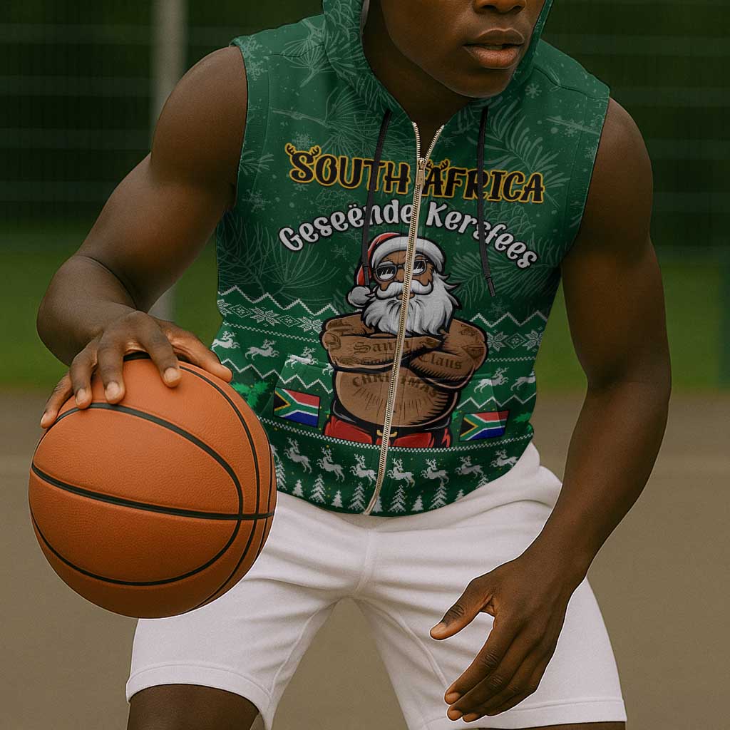 Personalised South Africa Christmas Sleeveless Zip Hoodie Cool Santa Claus With South African Map - African Pride