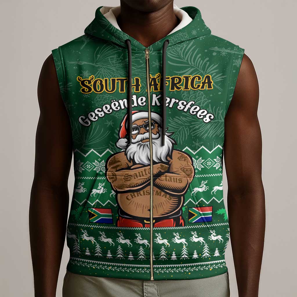 Personalised South Africa Christmas Sleeveless Zip Hoodie Cool Santa Claus With South African Map - African Pride
