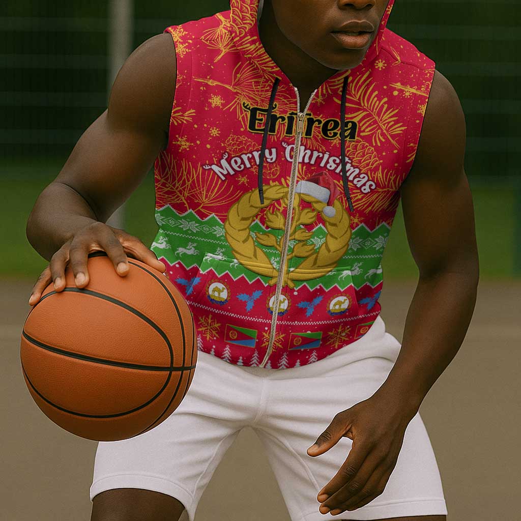 Personalised Eritrea Christmas Sleeveless Zip Hoodie Eritrean Olive Santa Claus Merry Xmas - African Pride
