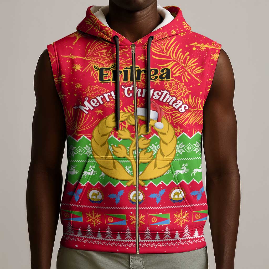 Personalised Eritrea Christmas Sleeveless Zip Hoodie Eritrean Olive Santa Claus Merry Xmas - African Pride