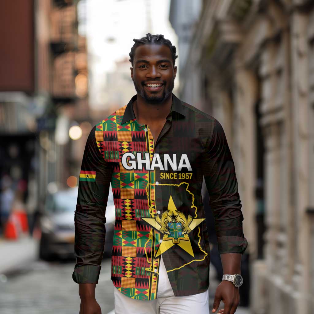 Afro Ghana Independence Day Long Sleeve Button Shirt Ghanaian 1957 Kente Pattern