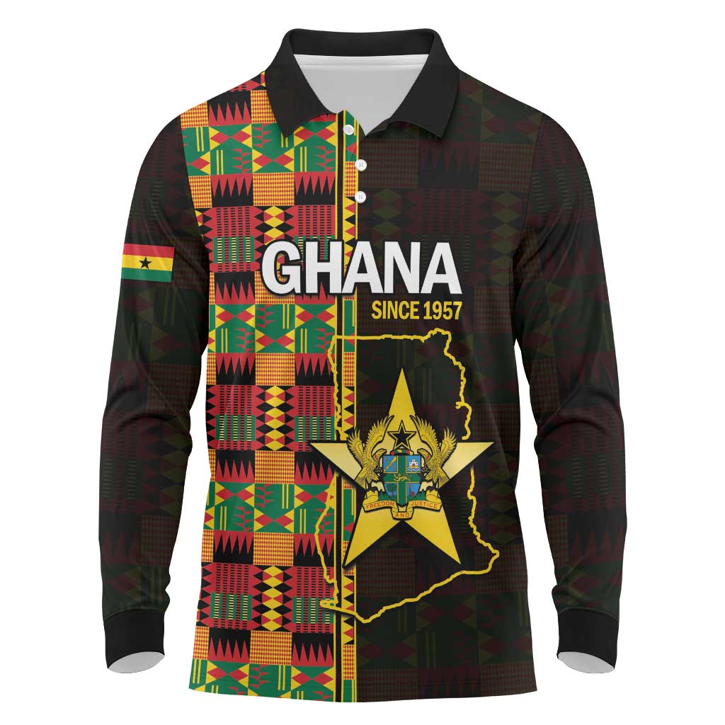 Afro Ghana Independence Day Long Sleeve Polo Shirt Ghanaian 1957 Kente Pattern