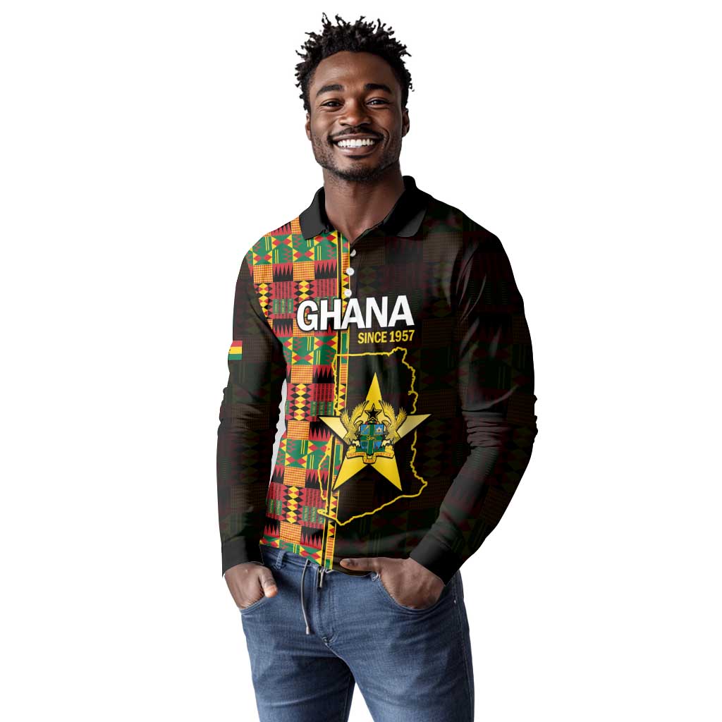 Afro Ghana Independence Day Long Sleeve Polo Shirt Ghanaian 1957 Kente Pattern