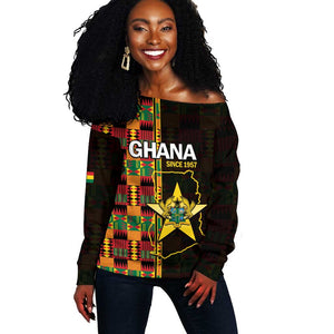 Afro Ghana Independence Day Off Shoulder Sweater Ghanaian 1957 Kente Pattern