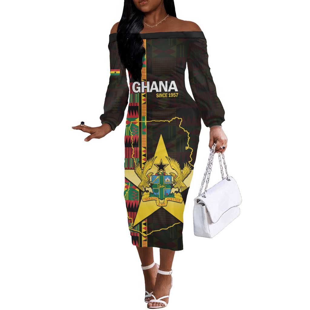 Afro Ghana Independence Day Off The Shoulder Long Sleeve Dress Ghanaian 1957 Kente Pattern