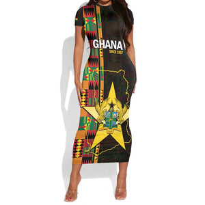 Afro Ghana Independence Day Short Sleeve Bodycon Dress Ghanaian 1957 Kente Pattern LT14