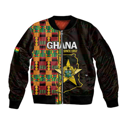 Afro Ghana Independence Day Sleeve Zip Bomber Jacket Ghanaian 1957 Kente Pattern