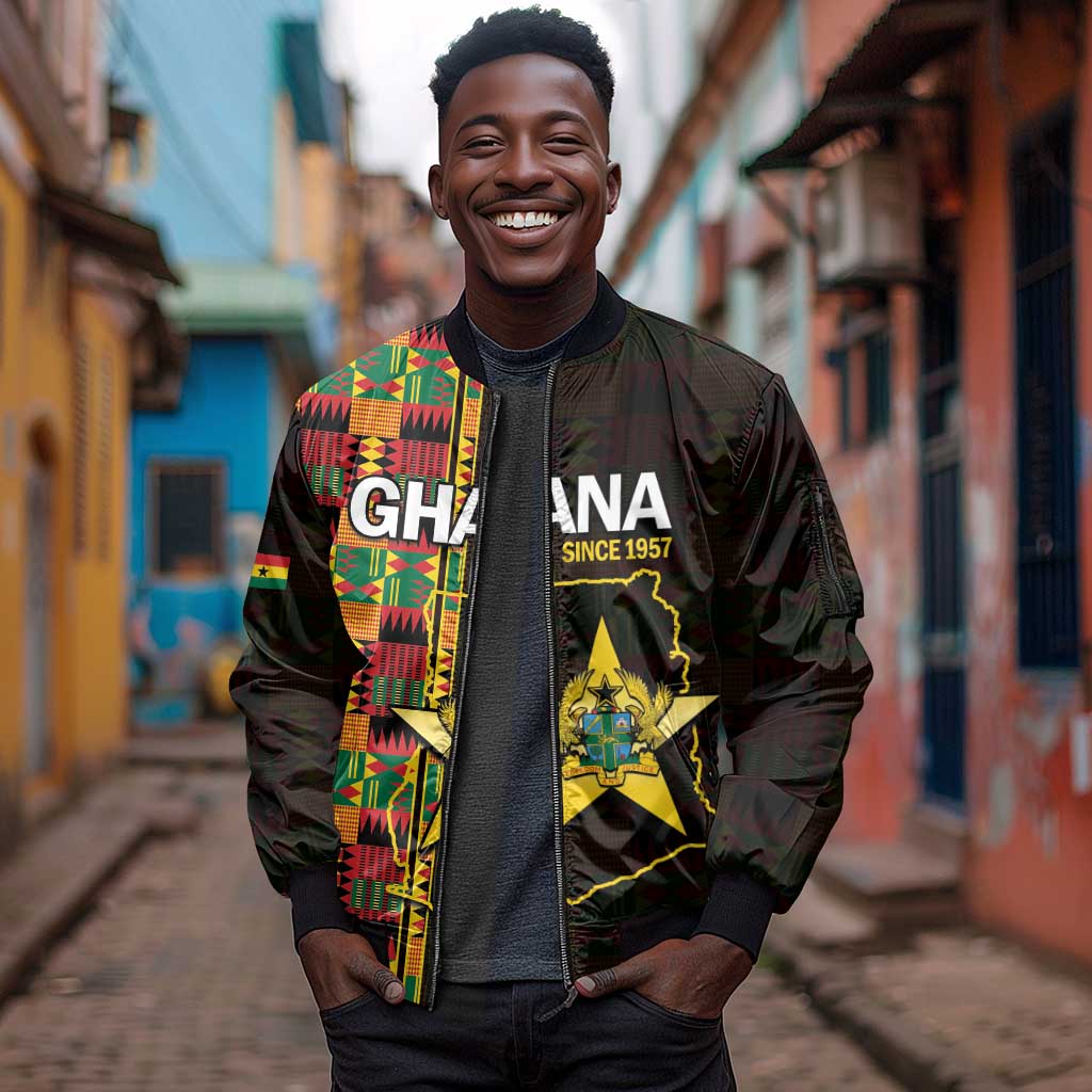 Afro Ghana Independence Day Sleeve Zip Bomber Jacket Ghanaian 1957 Kente Pattern