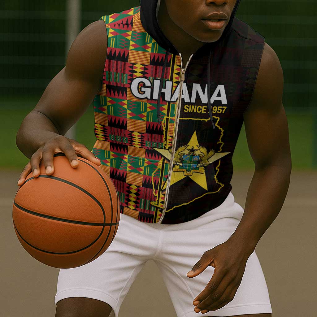 Afro Ghana Independence Day Sleeveless Zip Hoodie Ghanaian 1957 Kente Pattern - African Pride