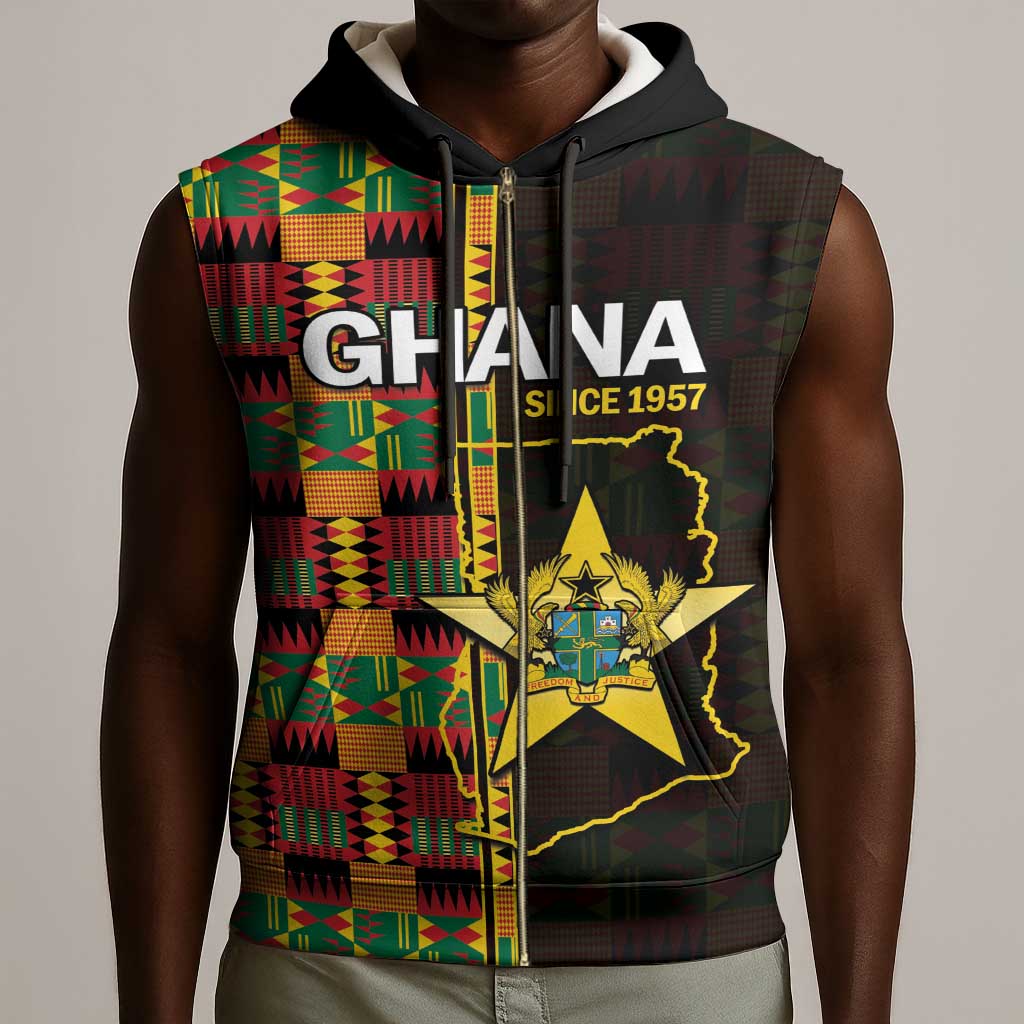 Afro Ghana Independence Day Sleeveless Zip Hoodie Ghanaian 1957 Kente Pattern - African Pride