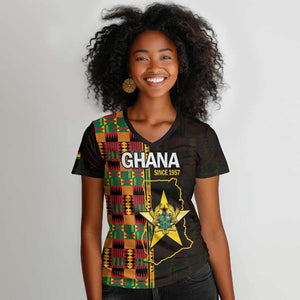 Afro Ghana Independence Day Women V-Neck T-Shirt Ghanaian 1957 Kente Pattern