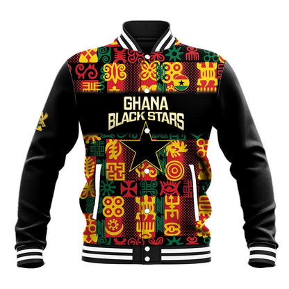 Custom Ghana Black Stars Baseball Jacket Adinkra Pattern - Football Style