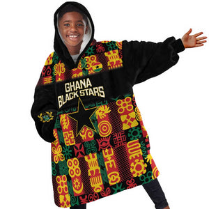 Custom Ghana Black Stars Kid Wearable Blanket Hoodie Adinkra Pattern - Football Style