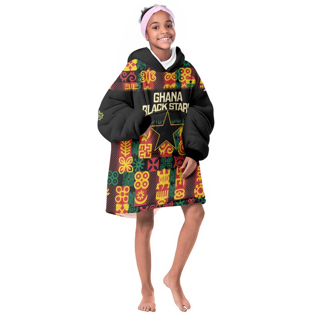 Custom Ghana Black Stars Kid Wearable Blanket Hoodie Adinkra Pattern - Football Style