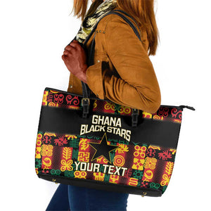 Custom Ghana Black Stars Leather Tote Bag Adinkra Pattern - Football Style