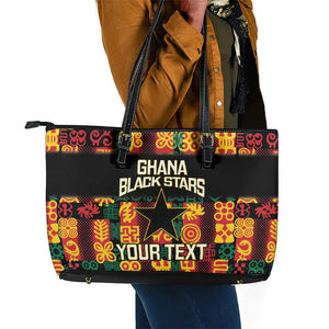 Custom Ghana Black Stars Leather Tote Bag Adinkra Pattern - Football Style