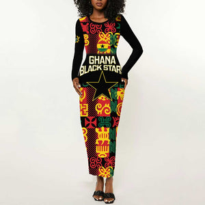 Custom Ghana Black Stars Long Sleeve Bodycon Dress Adinkra Pattern - Football Style LT14