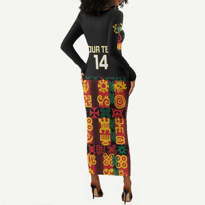 Custom Ghana Black Stars Long Sleeve Bodycon Dress Adinkra Pattern - Football Style LT14
