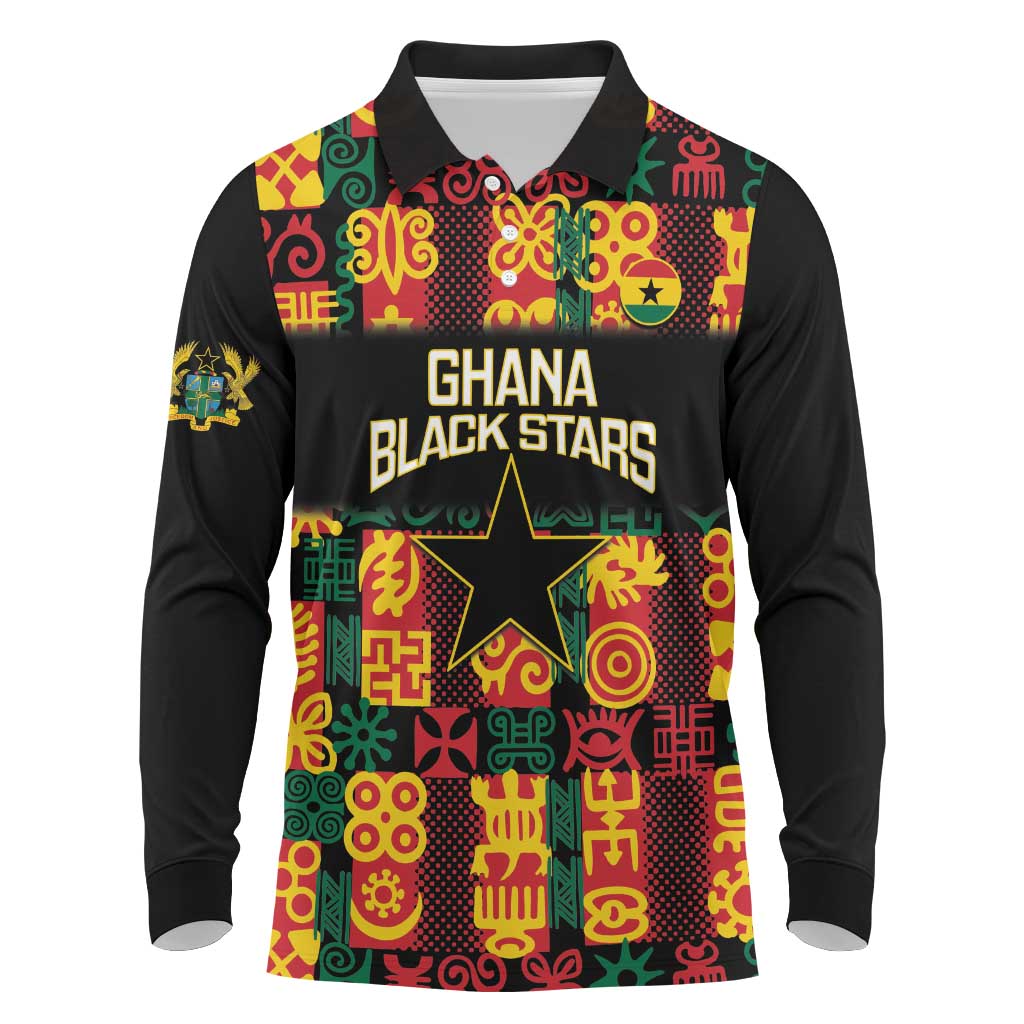 Custom Ghana Black Stars Long Sleeve Polo Shirt Adinkra Pattern - Football Style