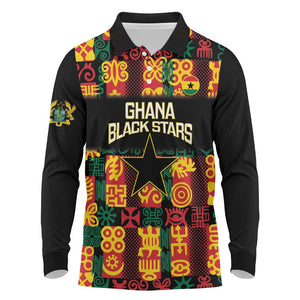 Custom Ghana Black Stars Long Sleeve Polo Shirt Adinkra Pattern - Football Style