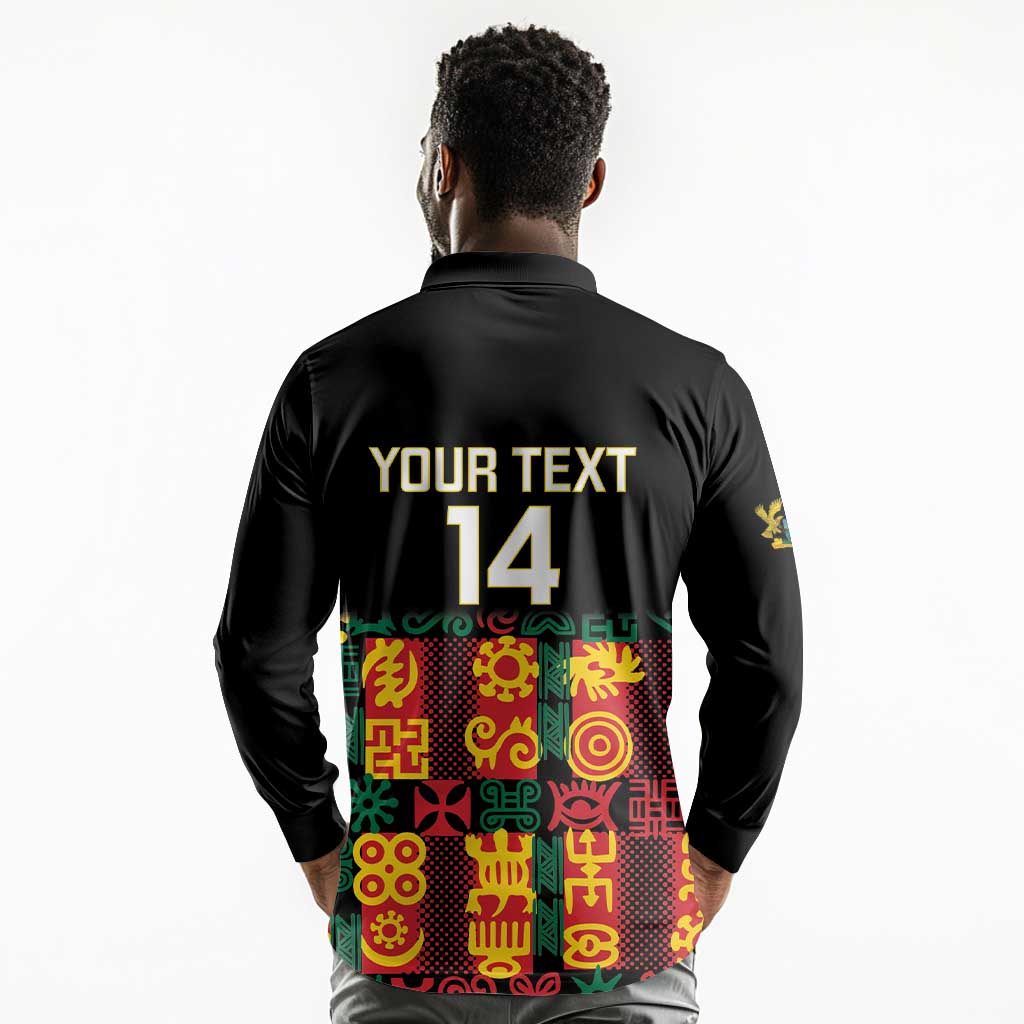Custom Ghana Black Stars Long Sleeve Polo Shirt Adinkra Pattern - Football Style